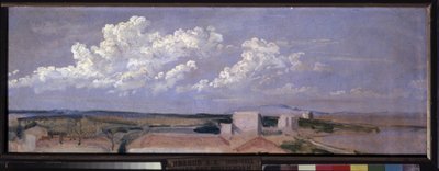 Chmury nad wybrzeżem morza. Krajobraz z kilkoma domami wzdłuż wybrzeża, zwieńczony dużymi białymi chmurami. Praca Aleksandra Andriejewicza Iwanowa (1806-1858), olej na papierze autorstwa Aleksandr Andreevich Ivanov
