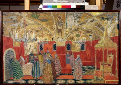 Na Kremlu. Rysunek przygotowawczy do opery Borys Godunow Modesty Musorgskiego (1839-1881) (Na Kremlu. Scenografia do opery Borys Godunow M. Musorgskiego). Dzieło Aleksandra Jakowlewicza Gołowina (Aleksander Gołowin) (1863-1930), akwarela i autorstwa Aleksandr Jakovlevic Golovin