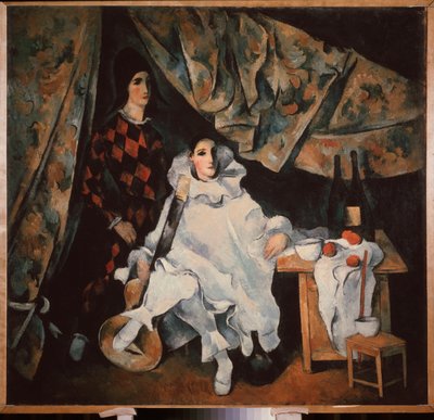 Żonglujący bracia Cyrano. (w kostiumie Pierrota i Arlekina). Malarstwo Aleksandra Wasiljewicza Szewczenki (Aleksander Szewczenko) (1883-1948), olej na płótnie autorstwa Aleksandr Vasilievich Shevchenko