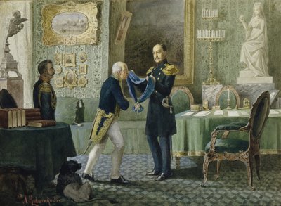 Cesarz Mikołaj I wręcza hrabiemu Michaiłowi Sperańskiemu niebieską przepaskę Orderu św. Andrzeja, 1880 r. autorstwa Aleksei Danilovich Kivshenko