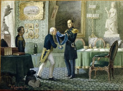 Cesarz Rosji Mikołaj I (1796-1855) wręcza Błękitną Wstęgę Orderu Świętego Andrzeja hrabiemu Michaiłowi Sperańskiemu (1772-1839). (Cesarz Mikołaj I przyznaje Błękitną Wstęgę Orderu św. Andrzeja hrabiemu Michaiłowi Speranskiemu). Praca Aleksieja Daniłowicza autorstwa Aleksei Danilovich Kivshenko