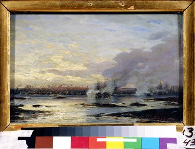 Wielka Wojna Północna (1700-1721): „Bitwa pod Gangut, w której flota rosyjska (w tym kirys Gangut) wygrała flotę szwedzką 07.08.1714” Obraz Aleksieja Pietrowicza Bogolubowa (Bogoliubowa lub Bogoliubowa) ) (1824-1896) 1876 Stan A autorstwa Aleksei Petrovich Bogolyubov