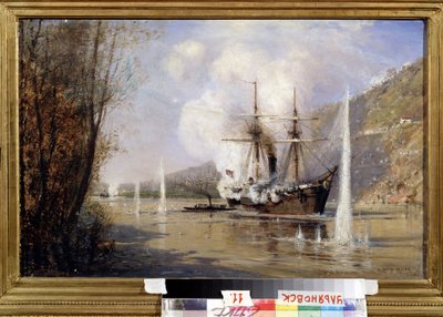 Rosyjski niszczyciel Shutka atakuje turecki statek 16 czerwca 1877 r. (Rosyjski niszczyciel Shutka atakuje turecki statek 16 czerwca 1877 r.). Opis bitwy w Cieśninie Bosfor pomiędzy uzbrojoną flotą rosyjską a flotą Imperium Osmańskiego, autorstwa Aleksei Petrovich Bogolyubov