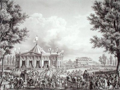 Procesja przechodząca obok pawilonu wzniesionego z okazji koronacji Ferdynanda I (1793-1875) autorstwa Alessandro (after) Sanquirico