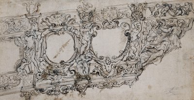 Projekt dziobu galerii papieża Urbana VIII z ramionami Barberini pszczół i słońca, Ignudi, Trytonów, Hipokampów, Putti i alegorią zwycięstwa jako figurantem pod literami VRBA w autorstwa Alessandro Algardi