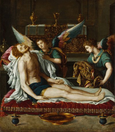 Le Corps du Christ oint par deux anges - Ciało Chrystusa namaszczone przez dwa anioły - Allori, Alessandro (1535-1607) - ok. 1593 - Olej na miedzi - 45x39 - Muzeum Szepmuveszeti, Budapeszt autorstwa Alessandro Allori