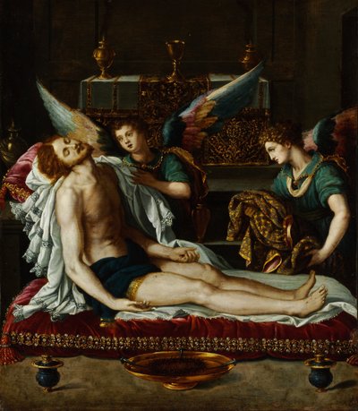Ciało Chrystusa namaszczone przez dwóch aniołów autorstwa Alessandro Allori