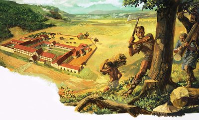 Niezidentyfikowany mężczyzna rąbie drewno, które jest przenoszone do osady poniżej autorstwa Alessandro Biffignandi