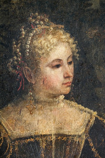 Portret szlachcianki, detal Małej Sali Szlachetnych Dam (olej na płótnie przyklejony do ścian) autorstwa Alessandro Bonvicino Moretto