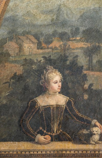 Portret szlachcianki, detal Małej Sali Szlachetnych Dam (olej na płótnie przyklejony do ścian) autorstwa Alessandro Bonvicino Moretto