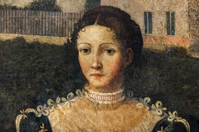 Portret szlachcianki, detal Małej Sali Szlachetnych Dam (olej na płótnie przyklejony do ścian) autorstwa Alessandro Bonvicino Moretto