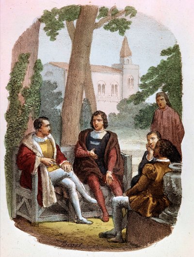 Fabrizio Colonna i Cosimo Rucellai omawiają sztukę wojenną - w „Dziełach wszystkich Niccolo Machiavellego”, ilustracja Alessandro Focosi (1836 - 1869). „Sztuka wojny” Niccolo di Bernardo dei Machiavelli (Nicolas Machiavel autorstwa Alessandro Focosi