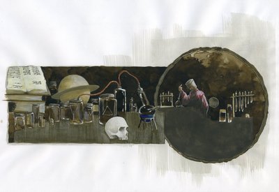 Alchemik w swoim laboratorium otoczony fiolkami i alembikami Ilustracja: Alessandro Lonati autorstwa Alessandro Lonati