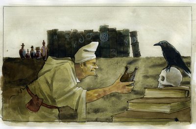 Alquimista em seu laboratório com um corvo, uma caveira Ilustração de Alessandro Lonatipolish autorstwa Alessandro Lonati
