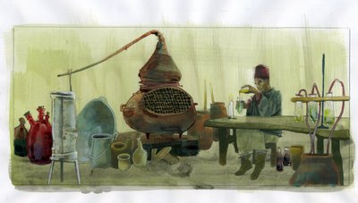 Alchemik w swoim laboratorium ze słoikami i destylatorem (alchemik w swoim laboratorium ze słoikami i destylatorem) Ilustracja: Alessandro Lonati autorstwa Alessandro Lonati