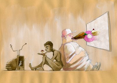 Alegoryczne przedstawienie naszego wspólnego społeczeństwa jako społeczeństwa konsumpcyjnego jest przesadzone, gdy młody zachodni otyły połyka fast food (śmieciowe jedzenie) przed gigantycznym ekranem, adosse głodujący mężczyzna patrzy desperacko na jabłko autorstwa Alessandro Lonati