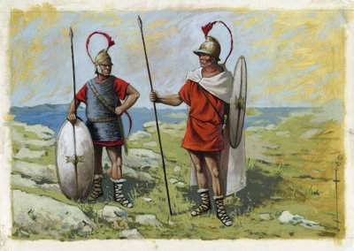 Starożytna Grecja: najemnik tureoforów (Thureophoros lub Thureophoroi) (III-I wiek pne) (po prawej) i Thorakites (Thorakitai) (po lewej). Rysunek autorstwa Alessandro Lonatiego autorstwa Alessandro Lonati