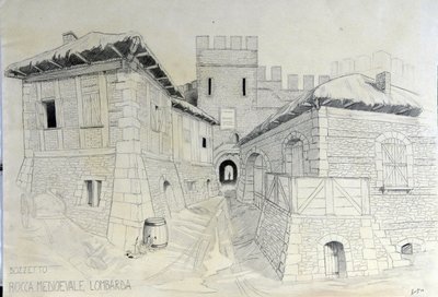 Architektura średniowiecza: widok na mury obronne średniowiecznego miasta lombardzkiego. Szkic ołówkiem Alessandro Lonati. autorstwa Alessandro Lonati