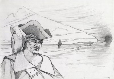 Karaibski pirat z papugą szukający skarbu w jaskini na plaży, z galeonem. Rysunek autorstwa Alessandro Lonatiego. autorstwa Alessandro Lonati