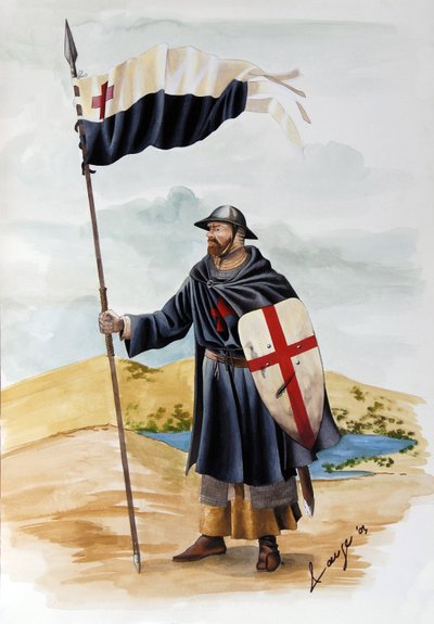Cruzadas: um cavaleiro da Ordem dos Templários vestindo vestido preto com a Cruz Vermelha. Ilustração de Alessandro Lonatipolish autorstwa Alessandro Lonati