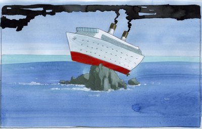 Ekologia: Łuk Noego jako zanieczyszczający statek wycieczkowy utknął na rafie Ilustracja: Alessandro Lonati autorstwa Alessandro Lonati