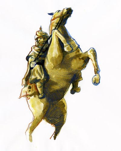 Portret konny Oqba ibn Nafi Al Fihri (622-683) - (Uqba ibn Nafi lub Oqba ibn Nafi, Uqba ibn Nafe, Uqba ibn al Nafia lub Akbah Arabic General) Rysunek autorstwa Alessandro Lonati