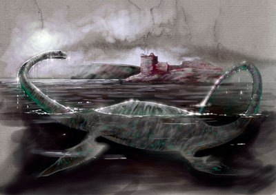 Fantastyczne potwory i stworzenia, kryptozoologia: przedstawienie Nessie, potwora z Loch Ness w Szkocji - rysunek Alessandro Lonati, 2012 autorstwa Alessandro Lonati