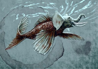 Fantastyczne potwory i stworzenia, kryptozoologia: przedstawienie makary, zwierzęcia wodnego z mitologicznego bestiariusza Indii, ma trąbę przybliżającą go do słonia morskiego, ząb krokodyla i rybi ogon - rysunek autorstwa Alessandro Lon autorstwa Alessandro Lonati