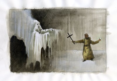 Walka między mnichem trzymającym krucyfiks a duchem Ilustracja: Alessandro Lonati autorstwa Alessandro Lonati