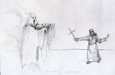 Walka między mnichem trzymającym krucyfiks a duchem Ilustracja: Alessandro Lonati autorstwa Alessandro Lonati