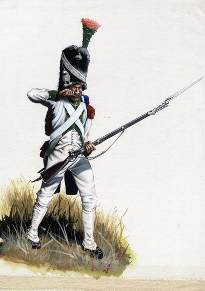 Pierwsze Cesarstwo (1804-1814 i 1815): Welitowski żołnierz wielkiej armii napoleońskiej we Włoszech otwierający nabój. Rysunek autorstwa Alessandro Lonatiego autorstwa Alessandro Lonati