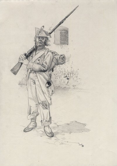 I Cesarstwo (1804-1814 lub 1815): żołnierz armii napoleońskiej, żołnierz piechoty brygady jeźdźców w forcie. Rysunek autorstwa Alessandro Lonatiego autorstwa Alessandro Lonati