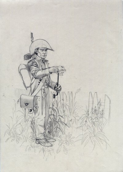 Pierwsze Cesarstwo (1804-1814 lub 1815): żołnierz armii napoleońskiej, żołnierz piechoty myśliwy (infantryhunter). Rysunek autorstwa Alessandro Lonatiego autorstwa Alessandro Lonati