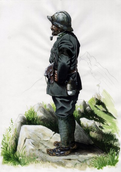 Pierwsza wojna światowa 1914-1918: oficer łowców alpejskich (łowca alpejski) armii włoskiej na Front des Alpes. Rysunek autorstwa Alessandro Lonatiego autorstwa Alessandro Lonati