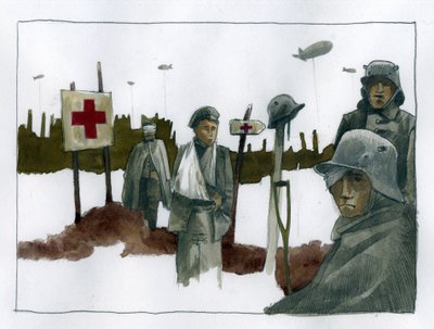 Pierwsza wojna światowa: Gules cassees i ranni w czasie wojny na posterunku ratunkowym Czerwonego Krzyża - 1914-1918 Ilustracja: Alessandro Lonati autorstwa Alessandro Lonati