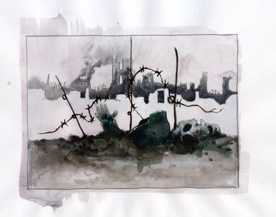 Pierwsza wojna światowa: Alegoria wojny z hełmem czaszki w brodach na tle ruin Kolorowy rysunek autorstwa Alessandro Lonati autorstwa Alessandro Lonati