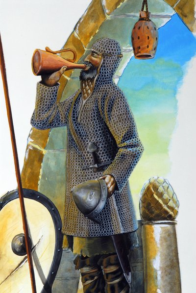 Pierwsza krucjata: spoczywający żuraw, odziany w siatkowy płaszcz, pije z karafki, obok niego znajduje się jego tarcza i włócznia. Ilustracja autorstwa Alessandro Lonatiego autorstwa Alessandro Lonati
