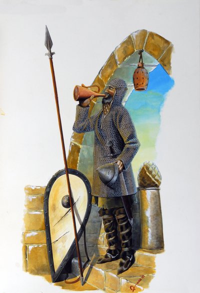 Pierwsza krucjata: spoczywający żuraw, odziany w siatkowy płaszcz, pije z karafki, obok niego znajduje się jego tarcza i włócznia. Ilustracja autorstwa Alessandro Lonatiego autorstwa Alessandro Lonati