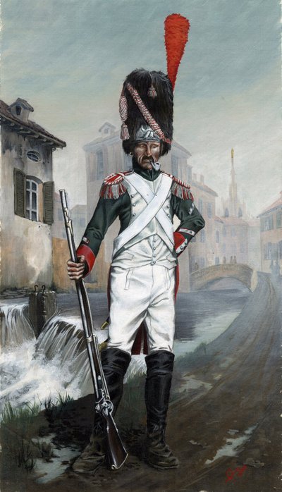 Pierwsze imperium (1804-1814 i 1815): żołnierze włoskich grenadierów w pobliżu kanału mediolańskiego z katedrą w tle. Rysunek autorstwa Alessandro Lonatiego autorstwa Alessandro Lonati