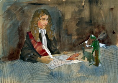 Francuski pisarz Jean de la Fontaine patrzący na bohaterów swoich bajek Ilustracja Alessandro Lonati autorstwa Alessandro Lonati