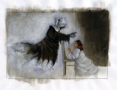 Duch starszej zakonnicy z krzywymi rękoma ukazuje się modlącej się dziewczynce Ilustracja autorstwa Alessandro Lonati autorstwa Alessandro Lonati