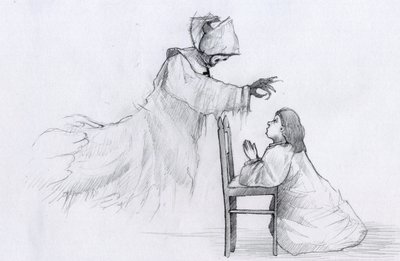 Duch starszej zakonnicy z krzywymi rękoma ukazuje się modlącej się dziewczynce Ilustracja autorstwa Alessandro Lonati autorstwa Alessandro Lonati