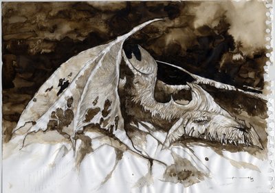 Ilustracja fantastycznego i legendarnego zwierzęcia: padlina martwego smoka. Kolorystyka autorstwa Alessandro Lonatiego. autorstwa Alessandro Lonati