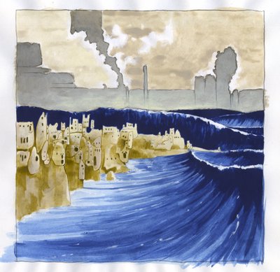 Ilustração do mito da ilha desaparecida sob o mar da Atlântida (Atlântida): vista do mar agitado após a erupção do vulcão que inundou a lendária ilha. Desenho colorido de Alessandro Lonati.polish autorstwa Alessandro Lonati