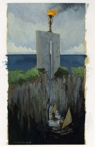 Ilustracja mitu o wyspie zaginionej pod Morzem Atlantydy (Atlantyda): brama do greckiego miasta legendarnej wyspy przed jej zniknięciem. Łodzie przepływają między dwoma klifami. Kolorystyka autorstwa Alessandro Lonatiego. autorstwa Alessandro Lonati