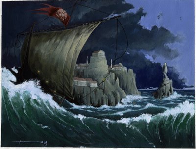 Ilustracja mitu o wyspie zaginionej pod Morzem Atlantydzkim: widok greckiego miasta legendarnej wyspy przed jej zniknięciem. Kolorystyka autorstwa Alessandro Lonatiego. autorstwa Alessandro Lonati