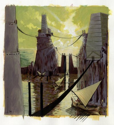 Ilustracja mitu o wyspie zaginionej pod Morzem Atlantydzkim: widok greckiego miasta legendarnej wyspy przed jej zniknięciem. Kolorystyka autorstwa Alessandro Lonatiego. autorstwa Alessandro Lonati