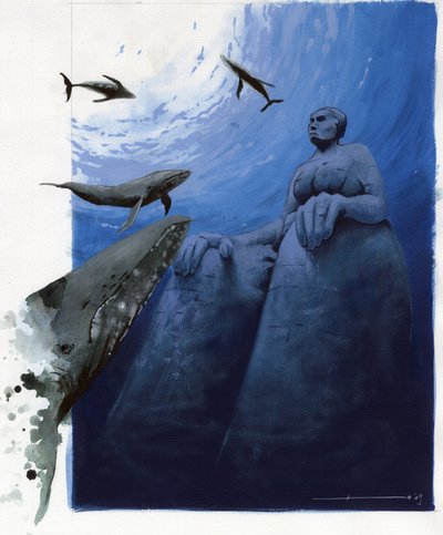 Ilustracja mitu o wyspie zaginionej pod Morzem Atlantydy: wieloryby w głębinach morskich wokół ruin legendarnej wyspy. Kolorystyka autorstwa Alessandro Lonatiego. autorstwa Alessandro Lonati