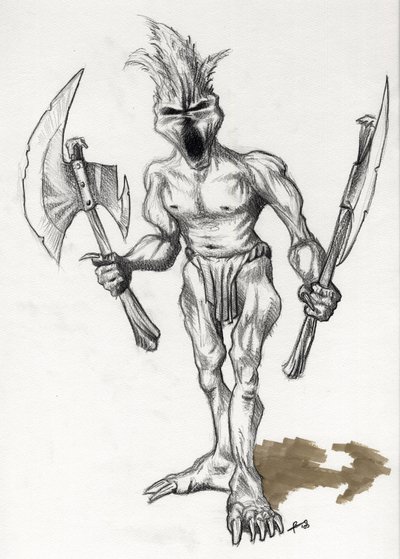 Monstro lendário para ilustração de fantasia: troll guerreiro com machados. Desenho de Alessandro Lonatipolish autorstwa Alessandro Lonati
