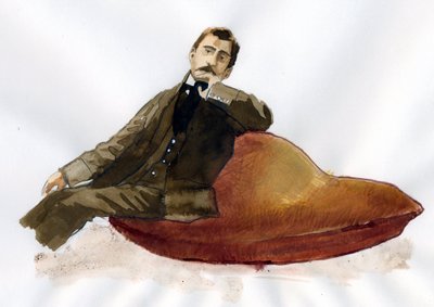 Marcel Proust siedzący na swojej magdalence (atrament na papierze) autorstwa Alessandro Lonati